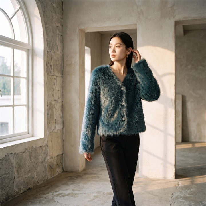 A woman stands in a sunlit, rustic room wearing a teal-blue faux fur cardigan with black pants.