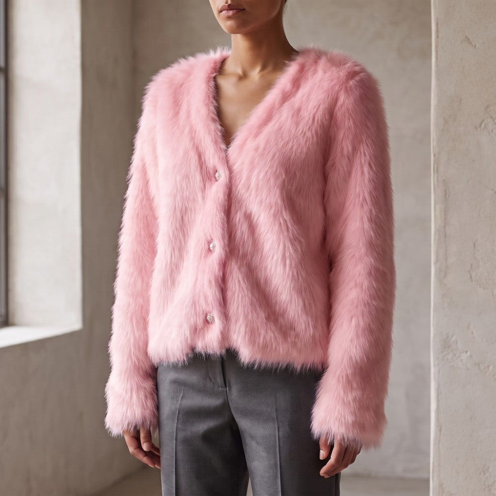 A model wearing a light pink faux fur cardigan with a button-up front, paired with gray trousers, standing in a minimalist room with textured beige walls.