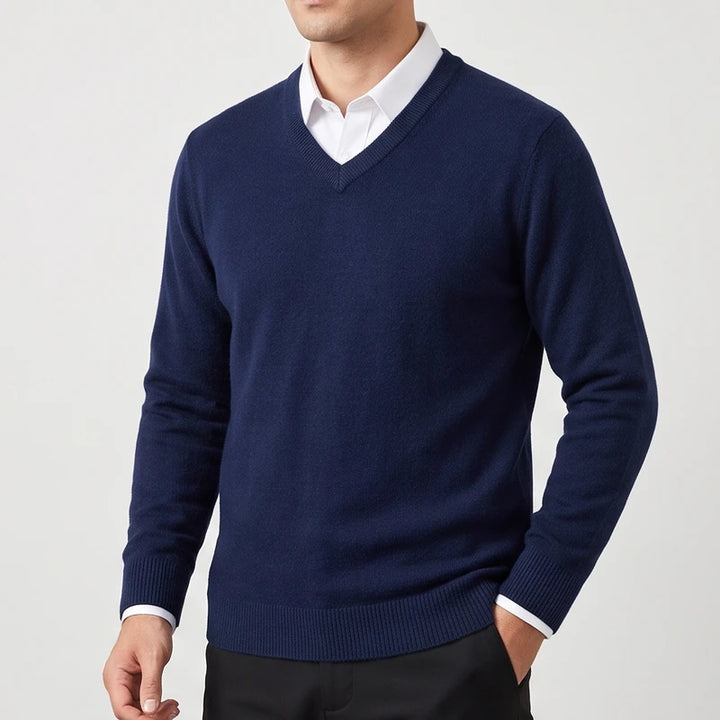 Man wearing a navy blue V-neck sweater layered over a white collared shirt with black trousers against a plain background.
