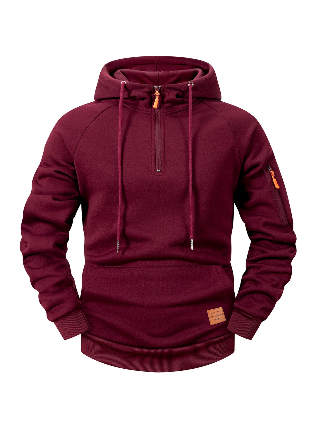Front view of a dark red fleece hoodie with a partial zipper, drawstring hood, ribbed cuffs, and a zippered arm pocket.
