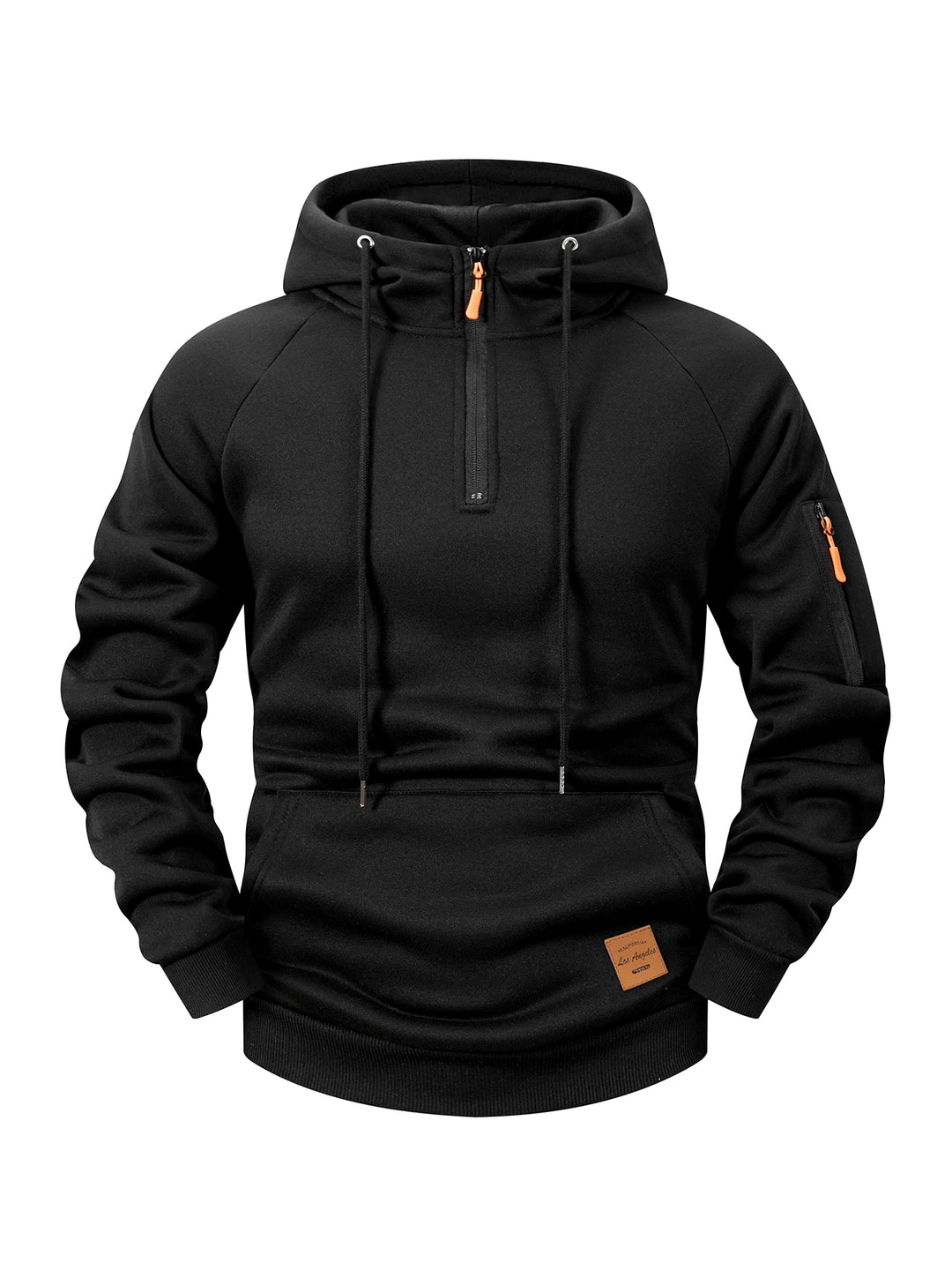 Black fleece hoodie with a partial orange-tipped zipper, drawstring hood, ribbed cuffs, kangaroo pocket, and sleeve zipper pocket.
