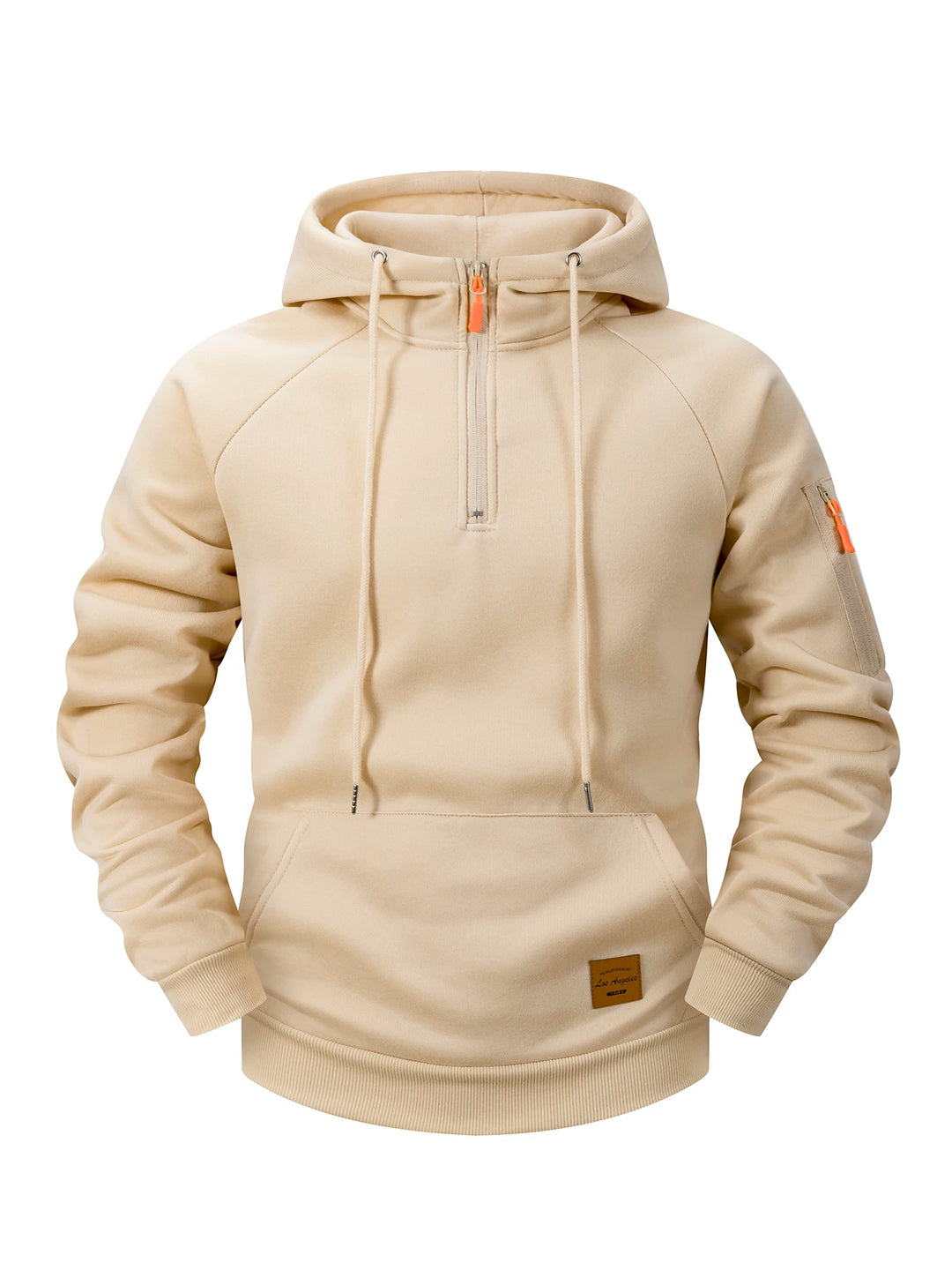 Light beige fleece hoodie with a quarter-zip, orange zipper pulls, drawstring hood, ribbed hem, and left arm pocket.