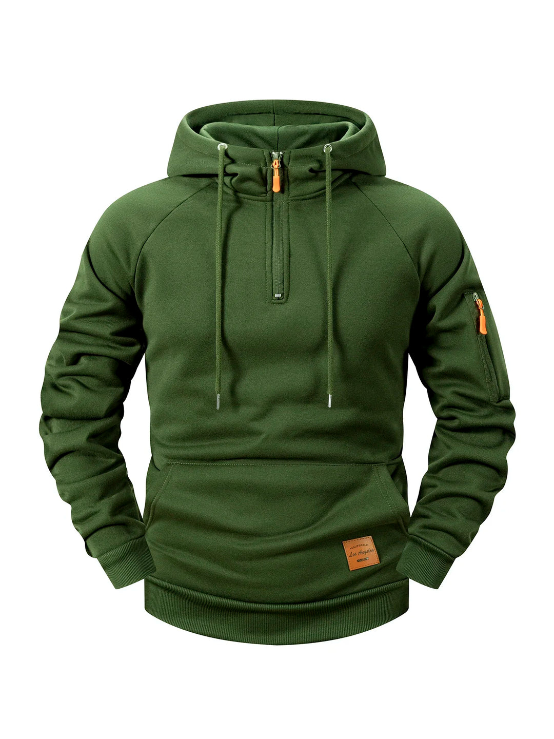 Dark olive green fleece hoodie with an orange quarter-zip, matching drawstring, arm pocket, and front kangaroo pocket.